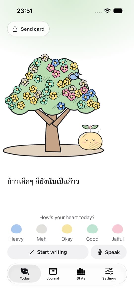 The Jaiful Today screen with the tree, Nong Ngok and five mood colours